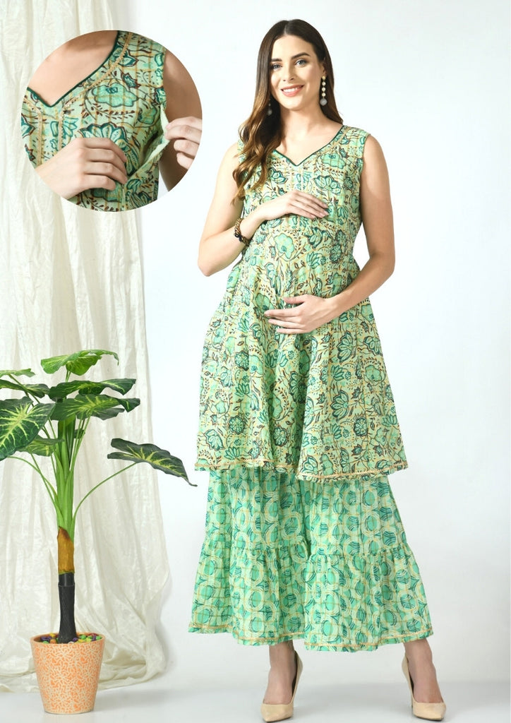 Magnolia Floral Green Maternity & Nursing Kurta Set with Sharara