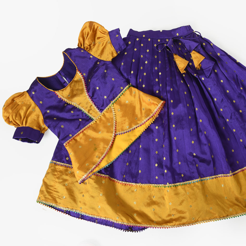 Purple Silk Top With Pavadai Lehenga For Girls  