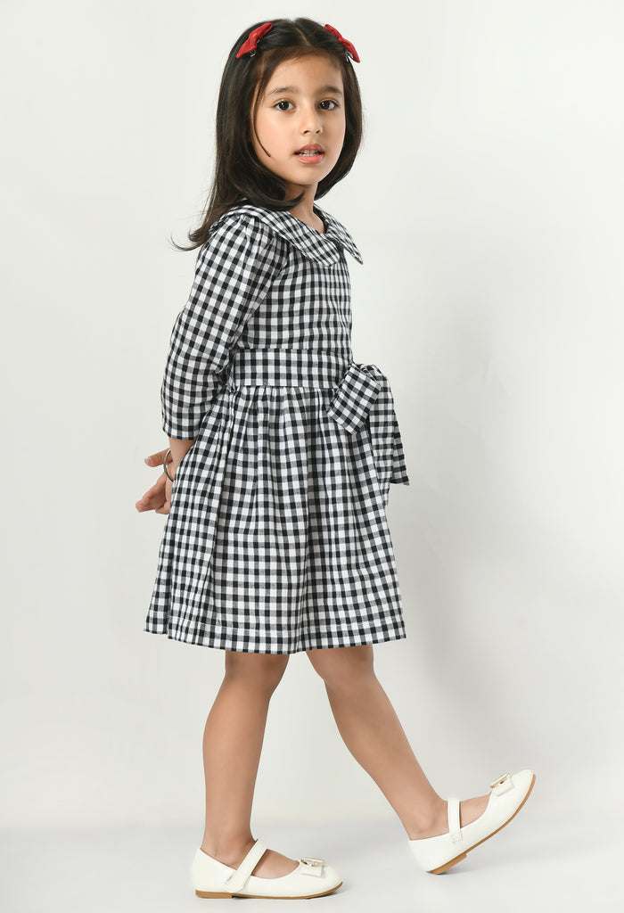 Black and White Cotton Check Short Dress with Belt
