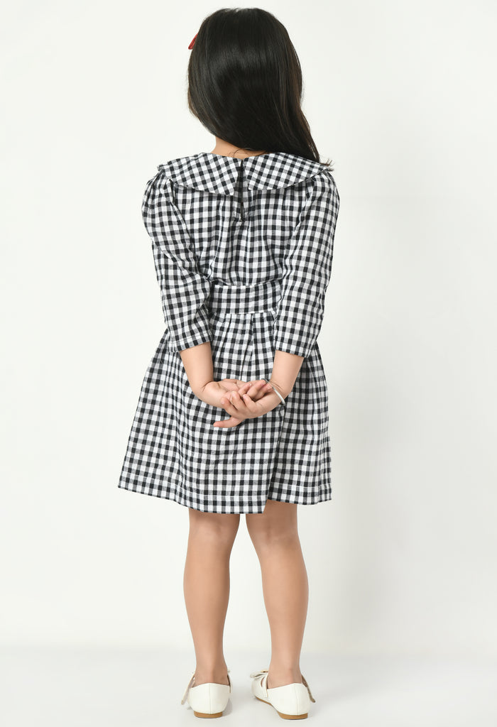 Black and White Cotton Check Short Dress with Belt