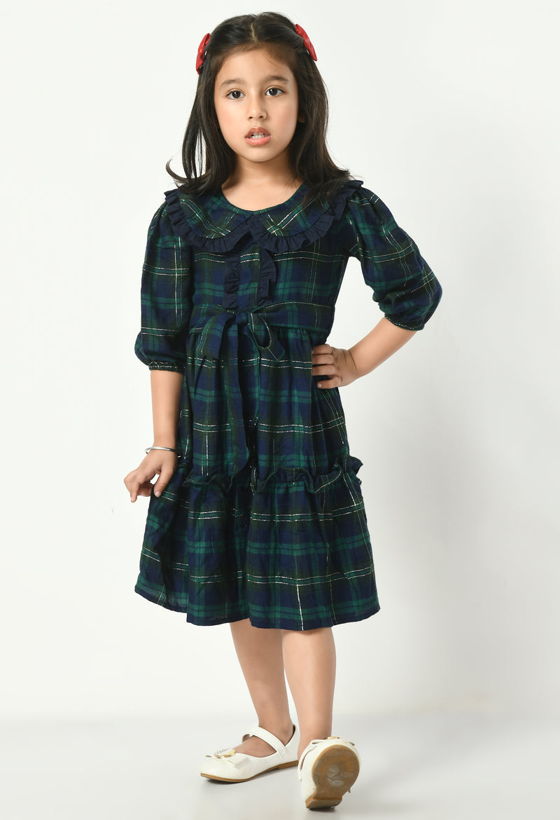 Buy Green 90% Cotton Checkered Pattern Peter Pan Collar Dress For