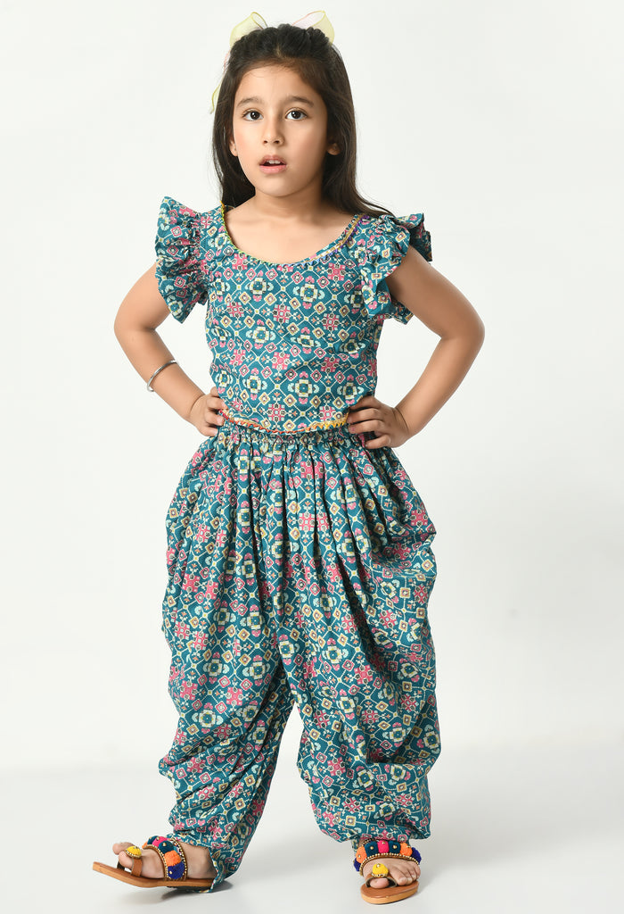 Turquoise Moroccan Print Frill Top and Dhoti