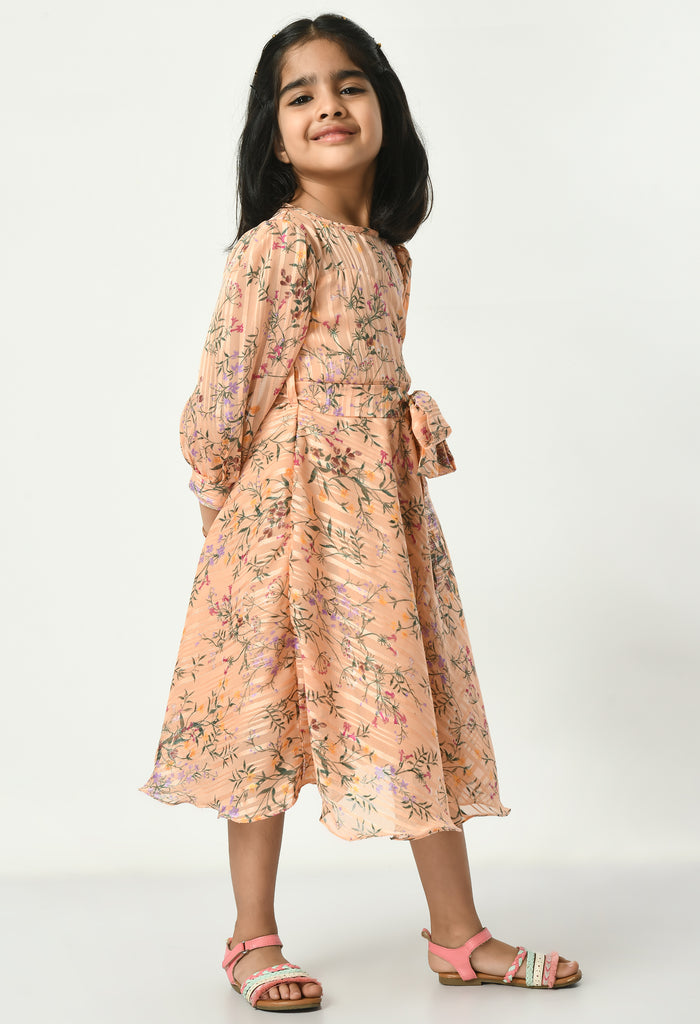 Peach Chiffon Lurex Floral Printed Party Dress with Belt