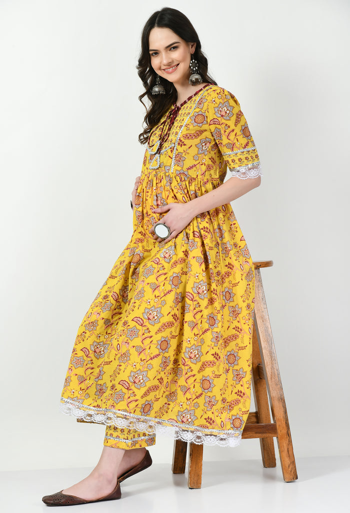 Yellow Cotton Floral Printed Maternity & Nursing Kurta & Pant set of 2