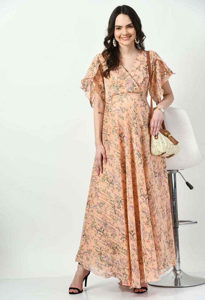 Peach Chiffon Lurex Floral Print Maternity Maxi Dress