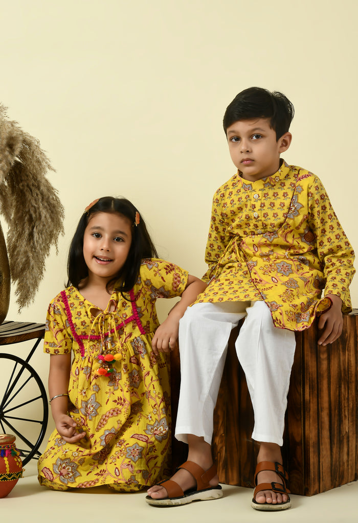 ADRA Kids Yellow & White Cotton Floral Kurta & Pyjama 