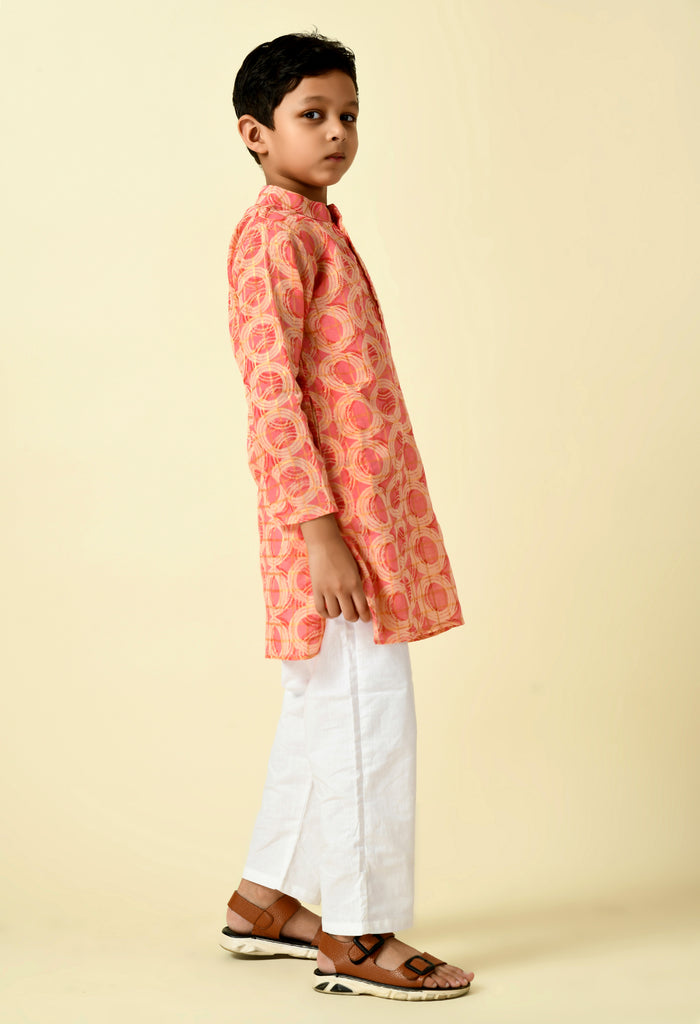 ADRA Kids Peach Cotton Circle Printed Kurta & Pyjama for Boys  