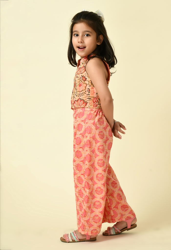Adra Kids Peach Cotton Floral Halter Top & Cullots for Girls