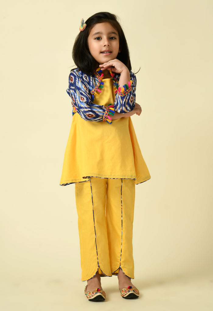 ADRA Kids Yellow & Blue Cotton Peplum Top and Pants with Ikat print Jacket