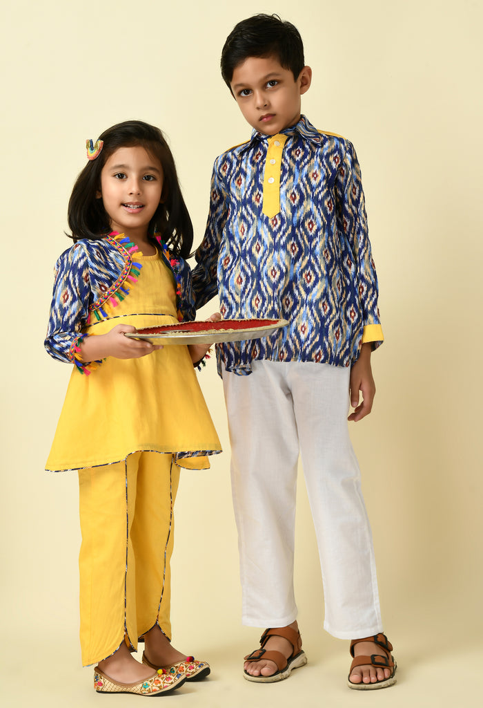 ADRA Kids Blue Rayon Ikat Printed Kurta