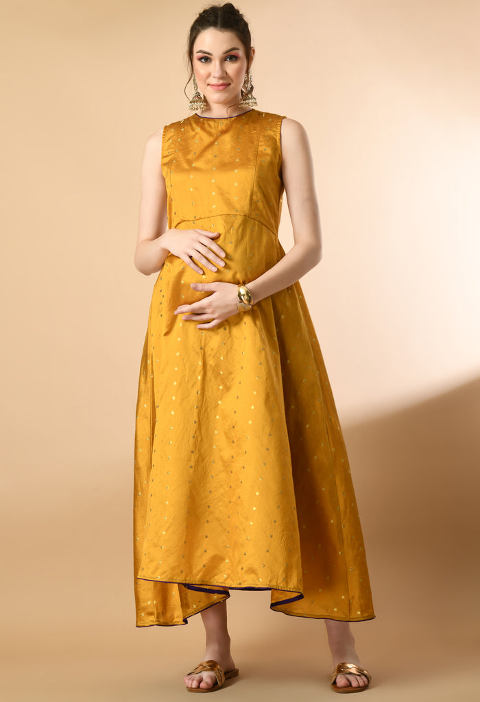 Golden Dot Silk Maternity & Nursing Maxi Dress with Jacket
