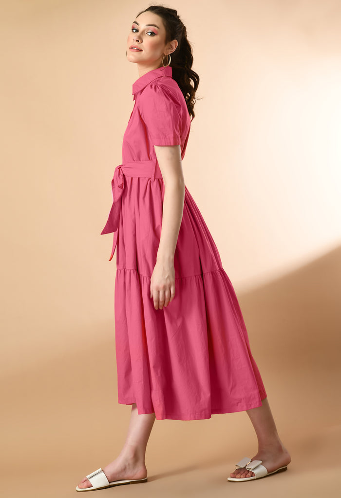 Pink poplin tiered dress Maternity & Nursing Midi Dress With Belt