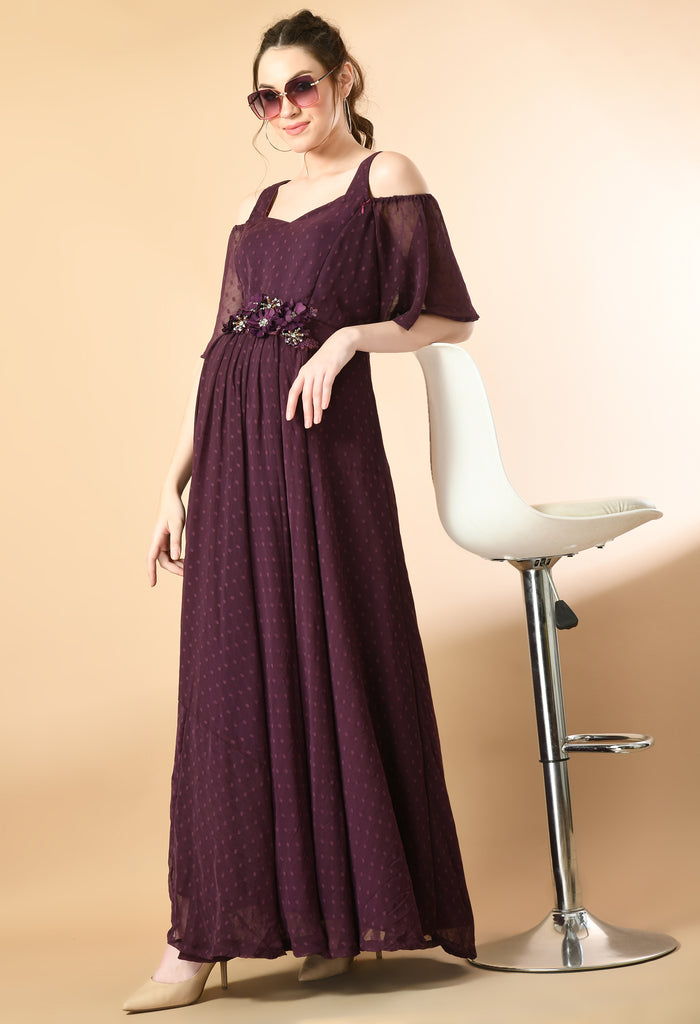 Purple Chiffon Dobby cold shoulder gown with floral patch Maternity & Nursing Gown