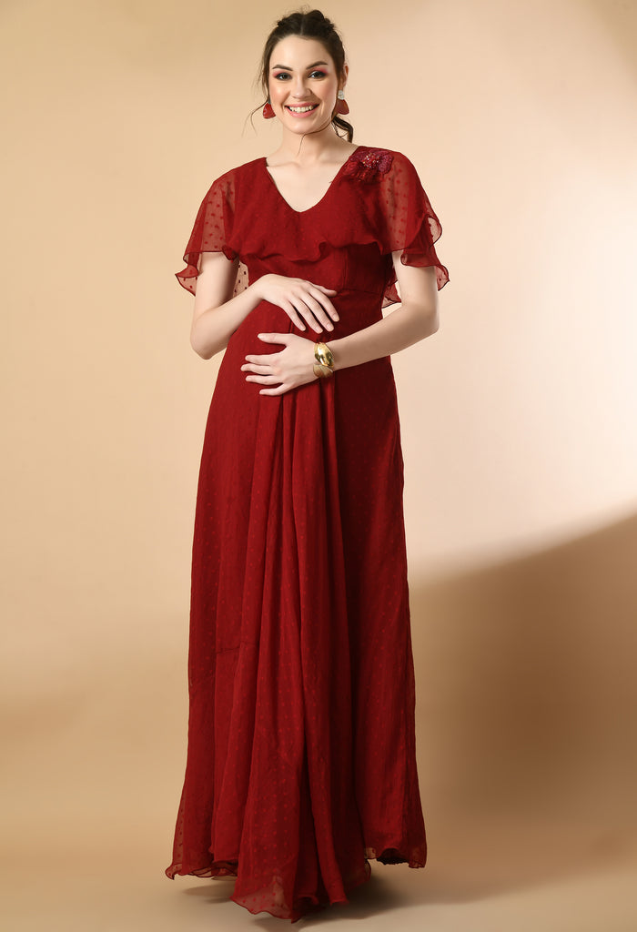 Red Chiffon Dobby Maternity & Nursing Gown