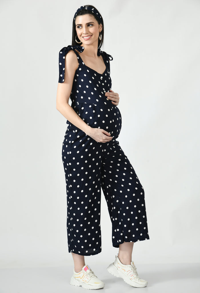 Navy Polka Dot Print Maternity & Nursing Jumpsuit with T-shirt
