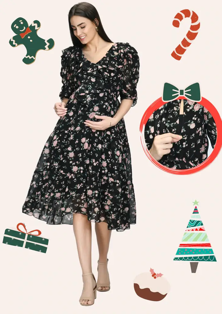 New Look Maternity tiered nursing dress in black floral | ASOS