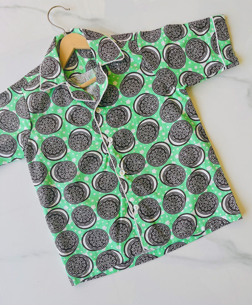 ADRA Kids Green Rayon Oreo Print Night Suit wiith Pyjama Set of 2 Pcs