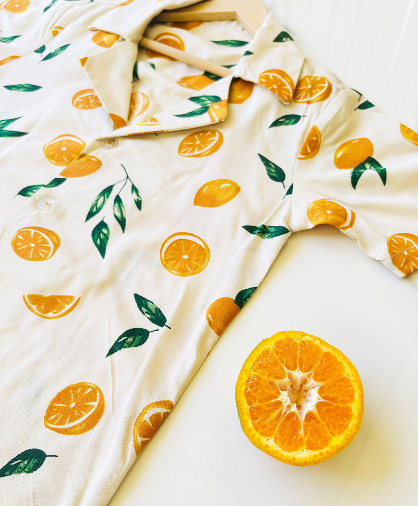 ADRA Kids Cream Rayon Orange Print Shirt with Linen Shorts Set of 2