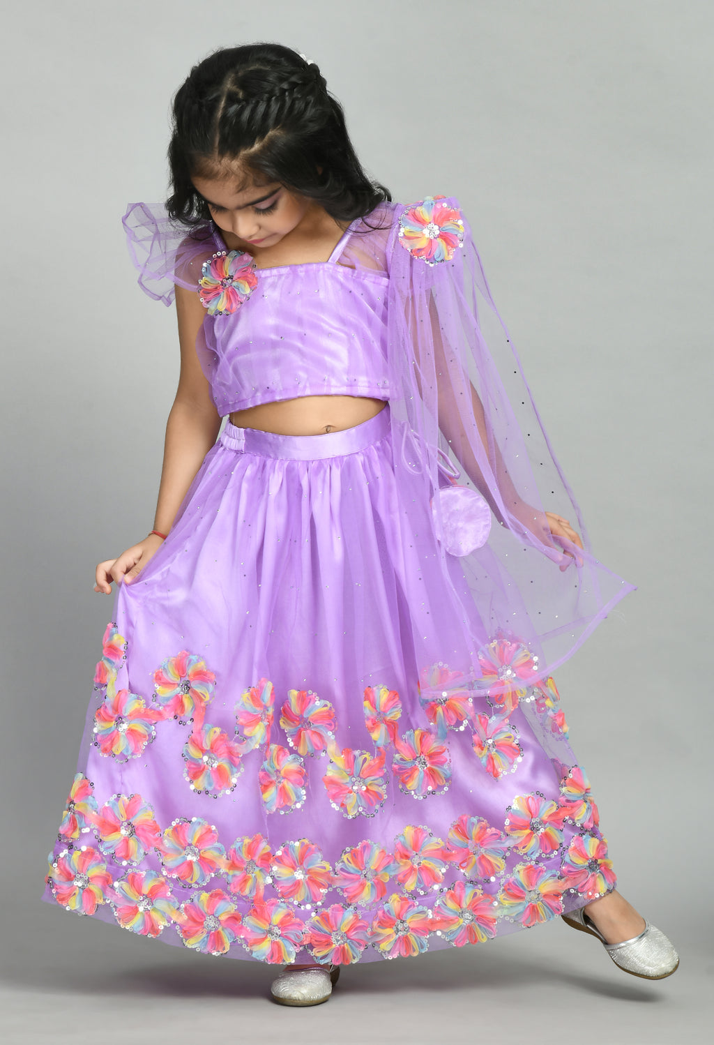Baby in Pattu pavadai/pattu langa multicolour georgette langa paired with  floral blouse | Kids designer dresses, Baby frocks designs, Kids' dresses
