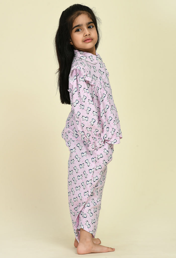 Pink Rayon Printed Peplum Top with Pyjama Night Suit Set of 2 Pcs