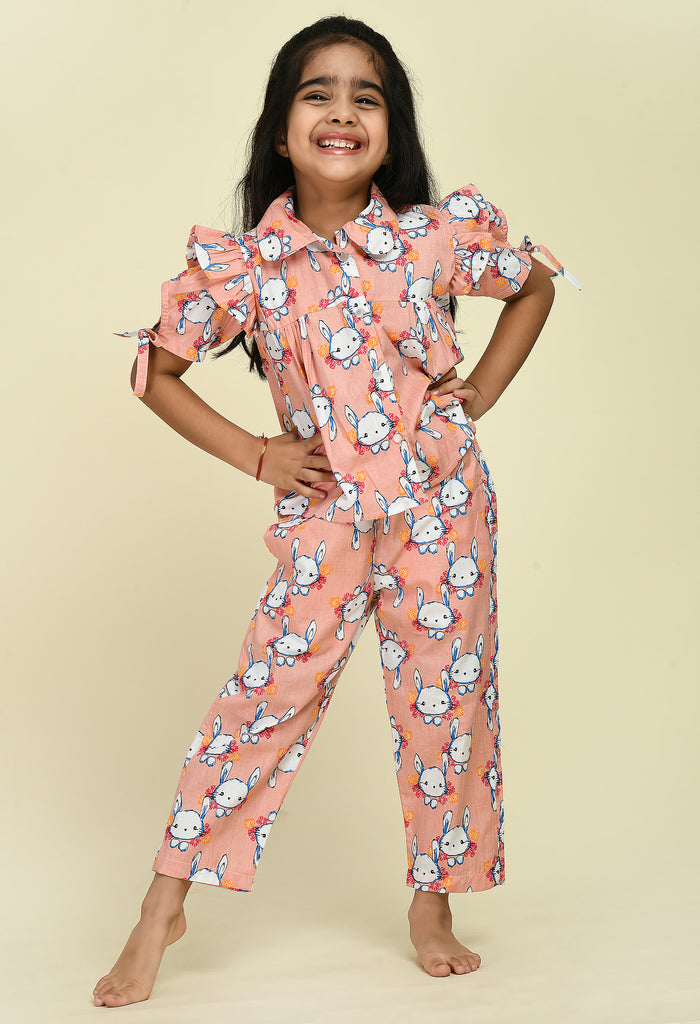 ADRA Kids Pink Rayon Bunny Night Suit with Pyjama Set of 2 Pcs