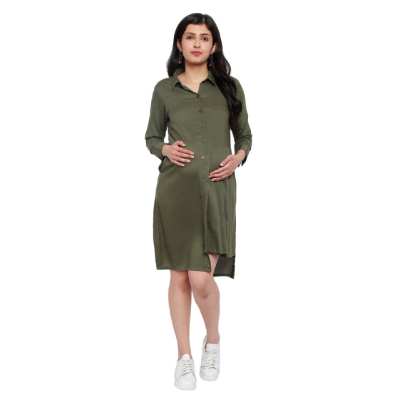 Asymmetric Olive Button Down Maternity & Nursing Shirt Dress