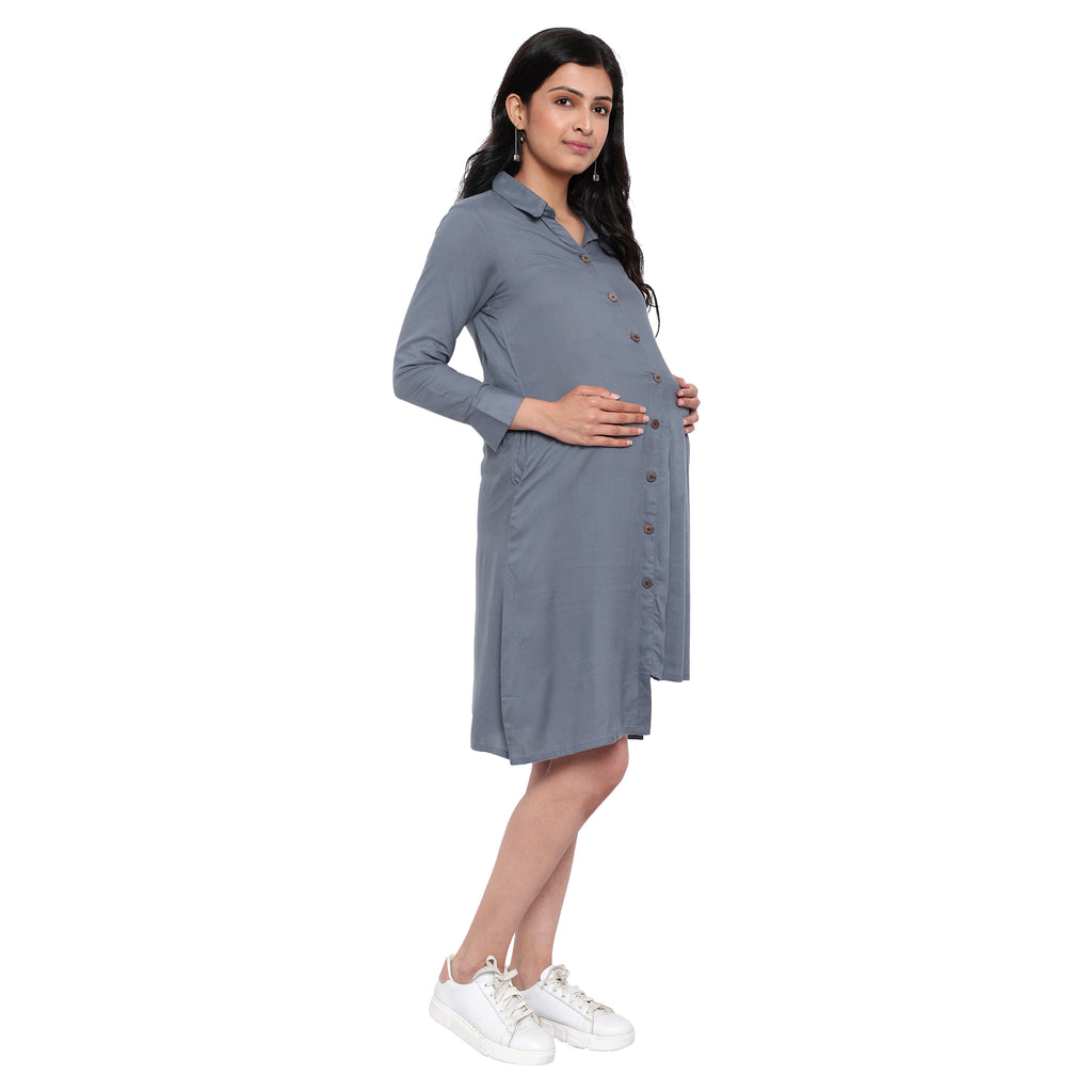 Asymmetric Grey Button Down Maternity & Nursing Shirt Dress