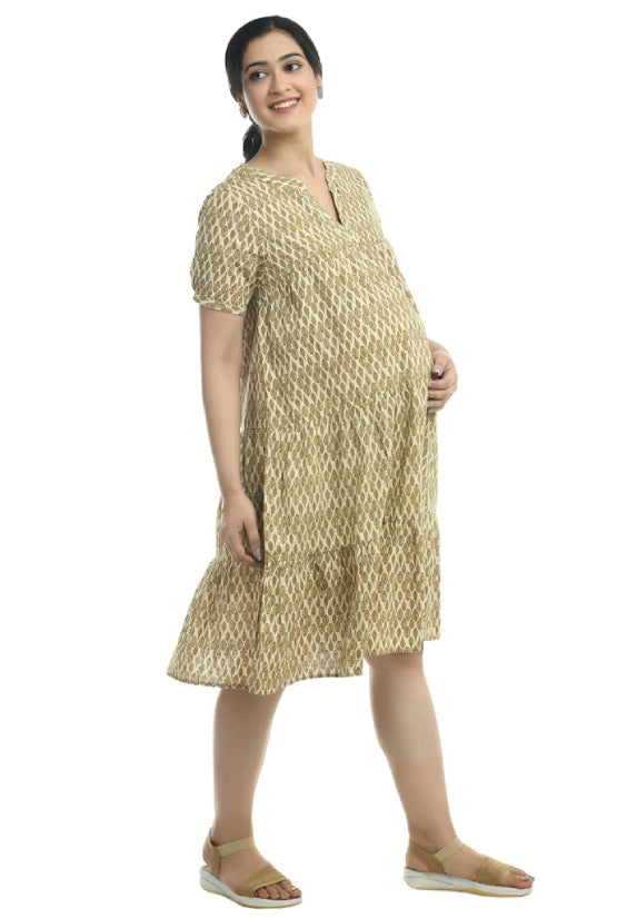 Beige Oversize Maternity Cotton Tunic Dress