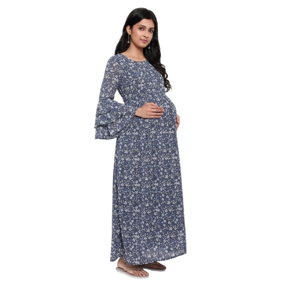 Blue Floral Ditsy Print Ruffle Sleeves Maternity Maxi Dress