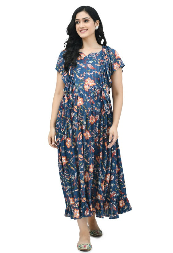 Blue Floral Lurex Maternity & Nursing Midi Dress
