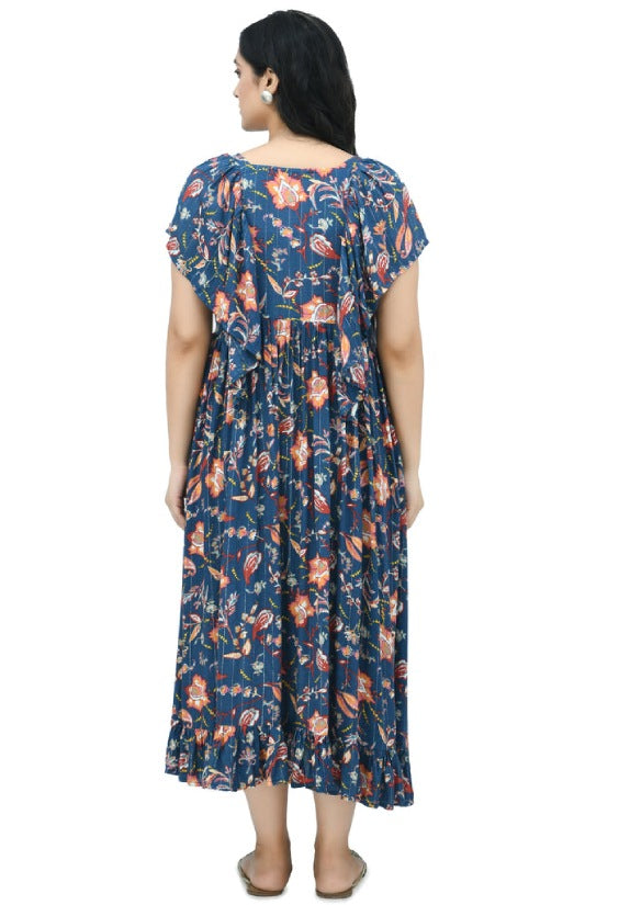 Blue Floral Lurex Maternity & Nursing Midi Dress