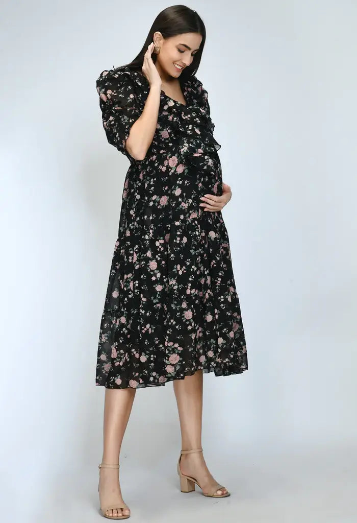 Black Floral Georgette Ruffle Sleeves Maternity & Nursing Dress