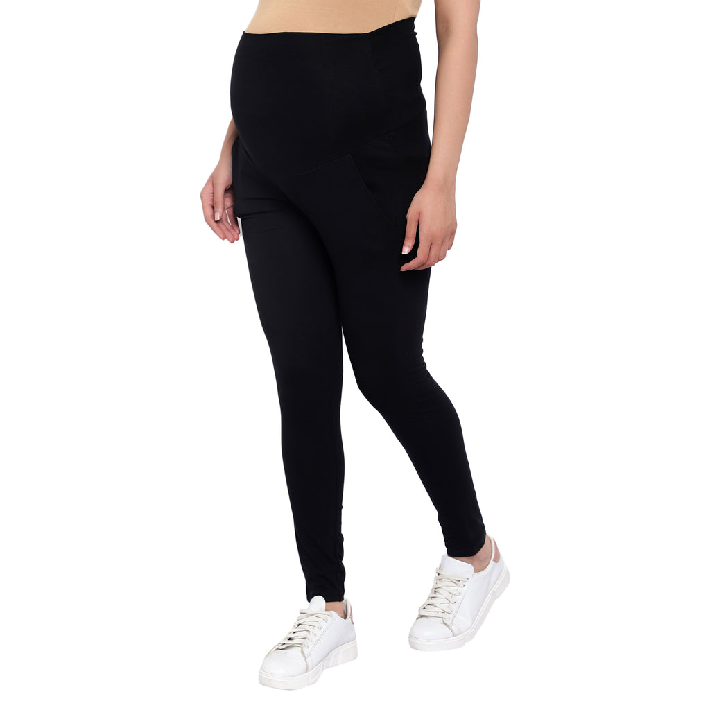 Black Over Belly Maternity Leggings With Pockets