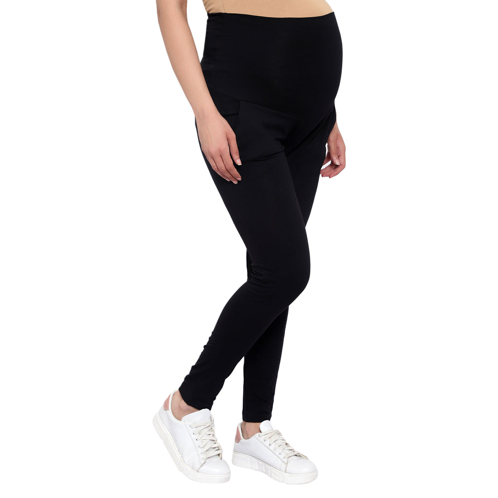Black Over Belly Maternity Leggings With Pockets