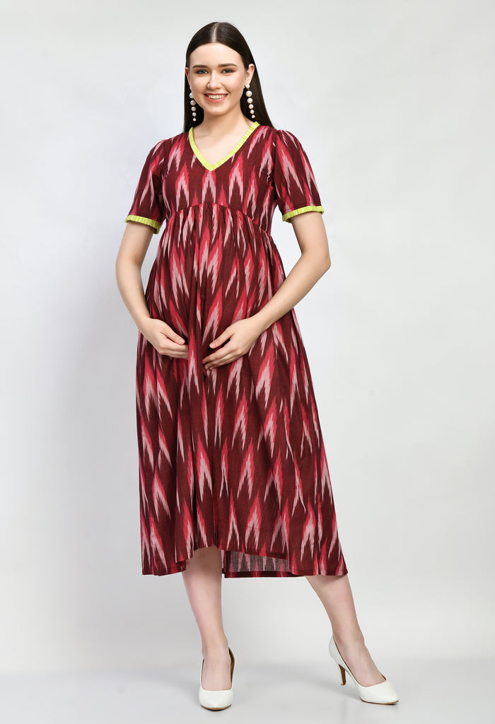 Maroon Cotton Ikat Maternity & Nursing Midi Dress set of 1 Pcs