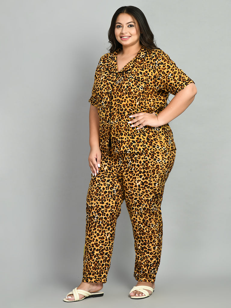Brown & Black Leopard Print Maternity & Nursing Night Suit Set
