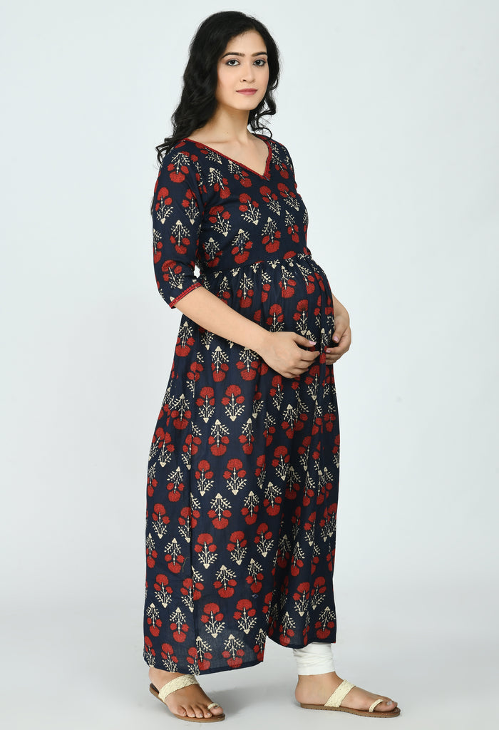 Navy Blue V Neck Maternity & Nursing Maxi Dress