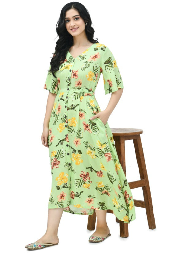 Green Floral Tropical Print Maternity & Nursing Dress