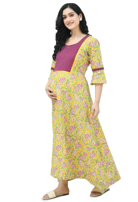 Green & Wine Floral Maternity Nursing Nighty Maxi with Zip