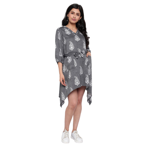 Grey Indian Print Asymmetric Maternity Tunic Dress