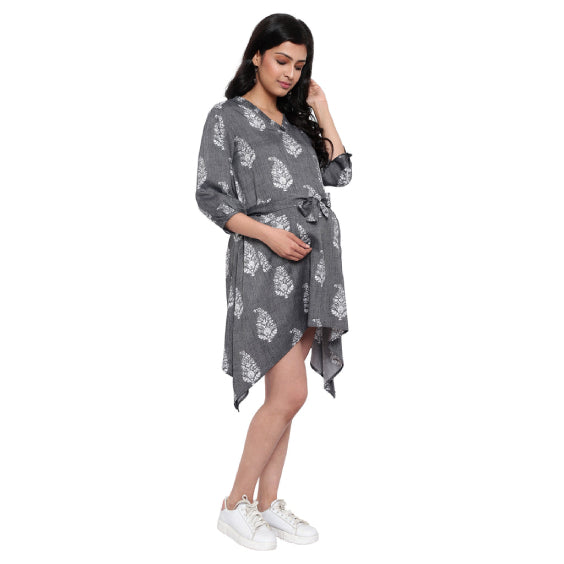 Grey Indian Print Asymmetric Maternity Tunic Dress