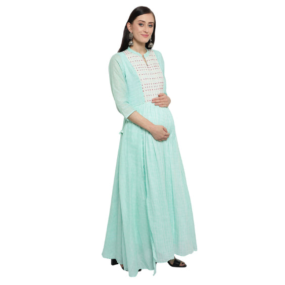 Light Blue Polka Dot Long Maternity Kurta Dress