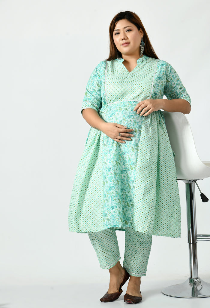 Lotus Green Paisley  Print Maternity & Nursing Kurta Set With Pant