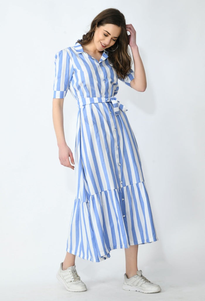 Blue & White Wide Stripes Print Maternity & Nursing A-Line Dress