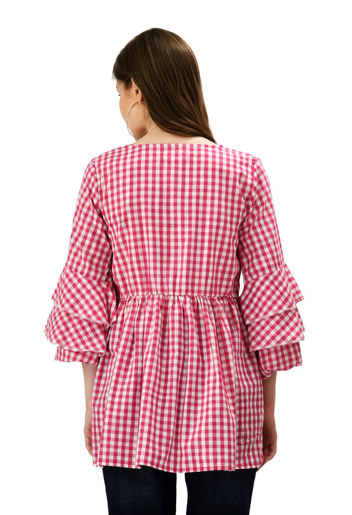 Pink & White Check Ruffle Sleeves Maternity & Nursing Top 