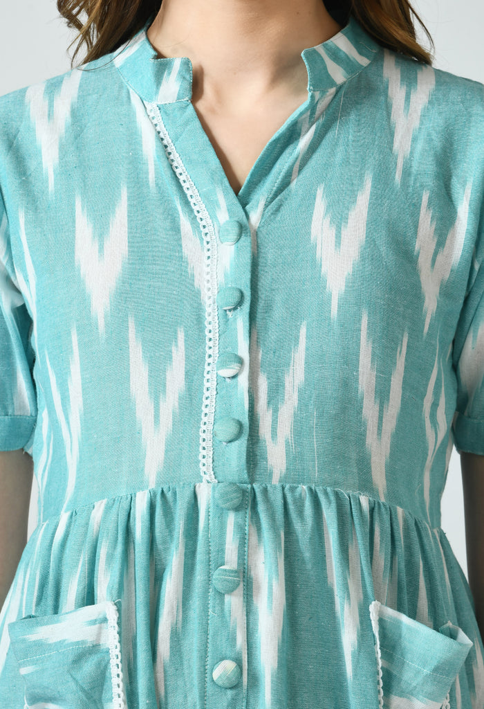 Seagreen Pure Cotton Ikat Maternity & Nursing Tiered Midi Dress