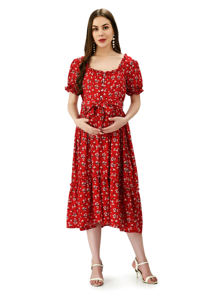 Red Floral Ditsy Tiered Maternity & Nursing Midi Dress