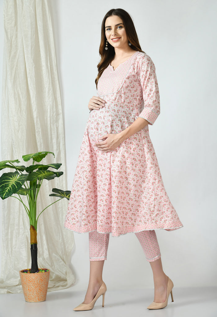 Jasmine Floral Pink Maternity & Nursing Kurta Set with Pant