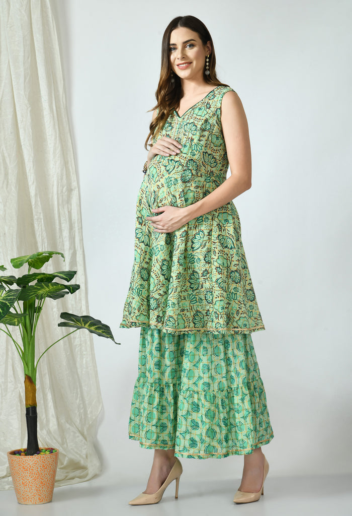 Magnolia Floral Green Maternity & Nursing Kurta Set with Sharara