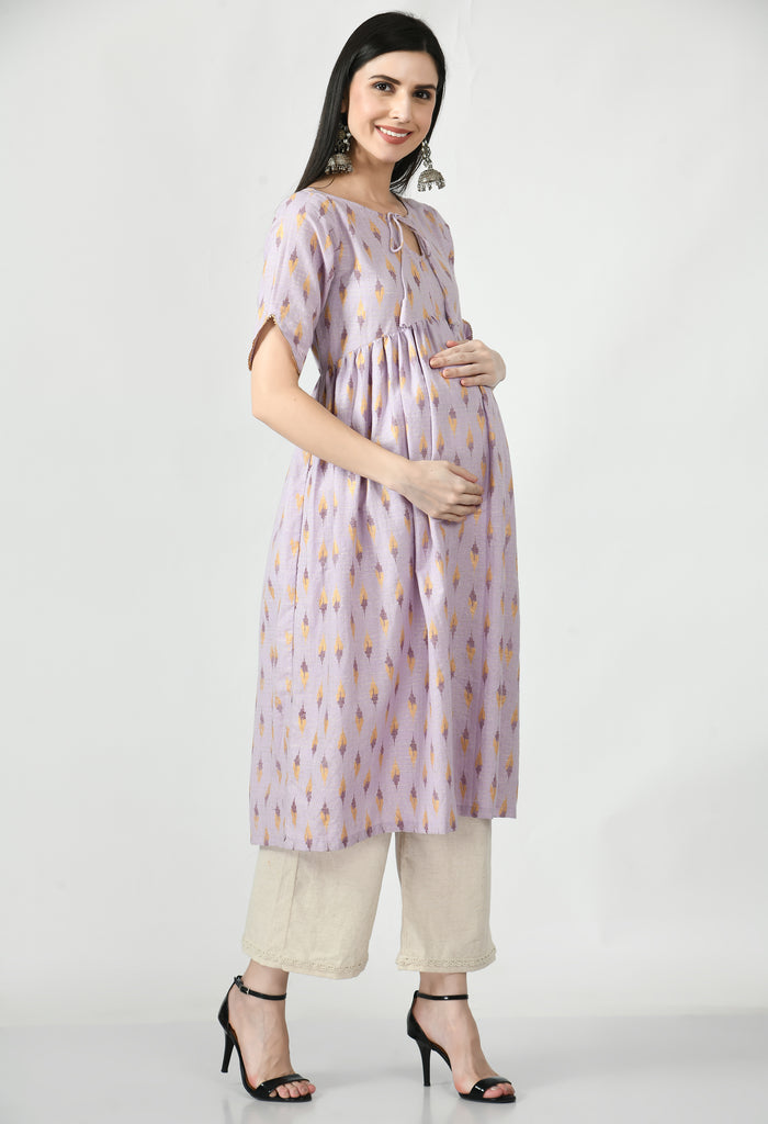 Lavender Cotton Maternity & Nursing Kurta with Linen Palazzo Pant Set